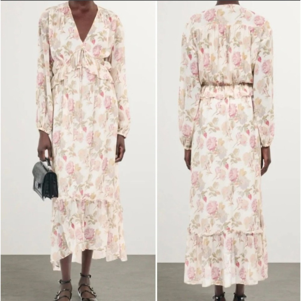 The Kooples English Roses Silk Maxi Dress Pink Floral Ruffle FR 3 US 8-10 NWT